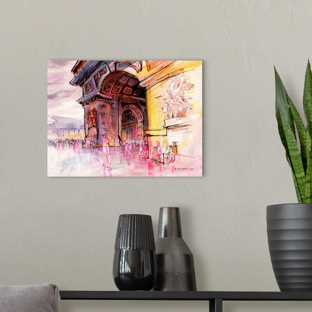A modern room featuring A capture in watercolor and watersoluble marker of the Arc de Triomphe in Paris.