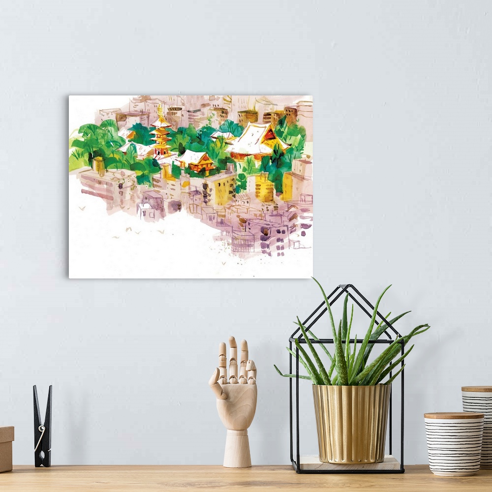 A bohemian room featuring Watercolor illustration of Senso-ji Temple in Asakusa, Tokyo, seen from above. Captured from life...