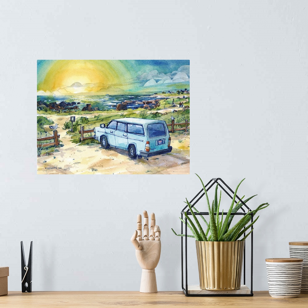A bohemian room featuring A charming blue Volvo parked at the entrance to a little state park in Monterey Bay, California. ...