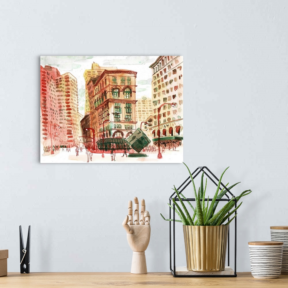 A bohemian room featuring Watercolor illustration of the bustling and historic Astor Place area in Manhattan, New York City...