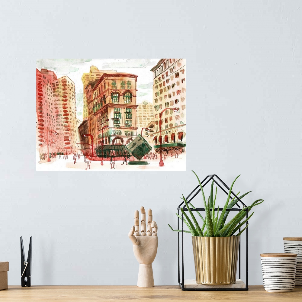 A bohemian room featuring Watercolor illustration of the bustling and historic Astor Place area in Manhattan, New York City...