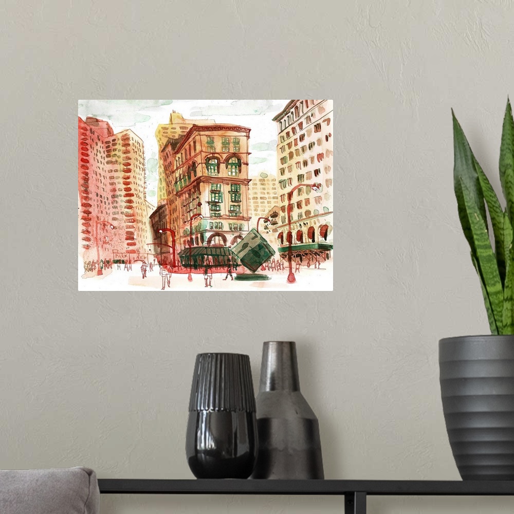 A modern room featuring Watercolor illustration of the bustling and historic Astor Place area in Manhattan, New York City...