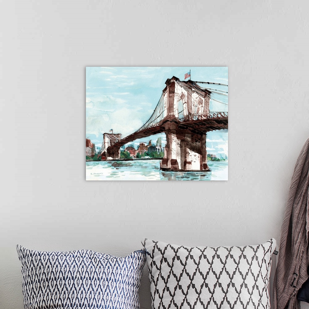A bohemian room featuring Watercolor artwork of one of Brooklyn's most famous landmarks, the bridge! You can see part of th...