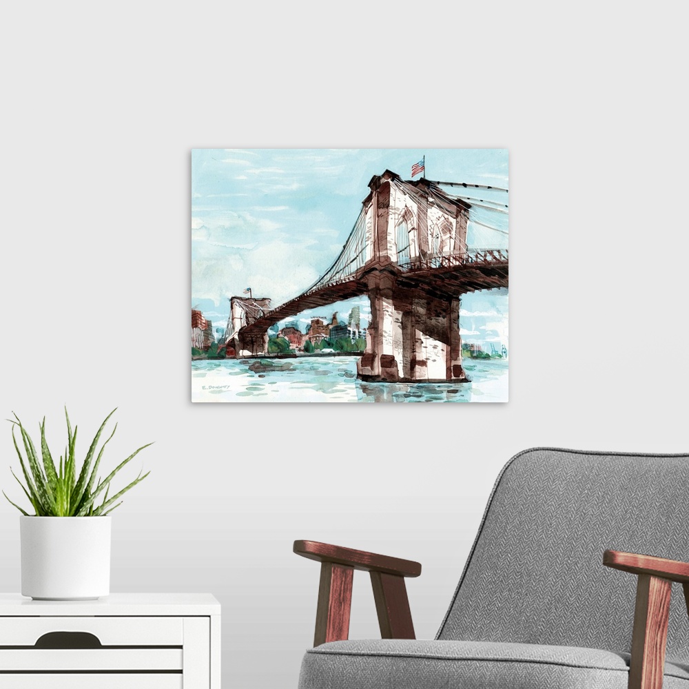 A modern room featuring Watercolor artwork of one of Brooklyn's most famous landmarks, the bridge! You can see part of th...