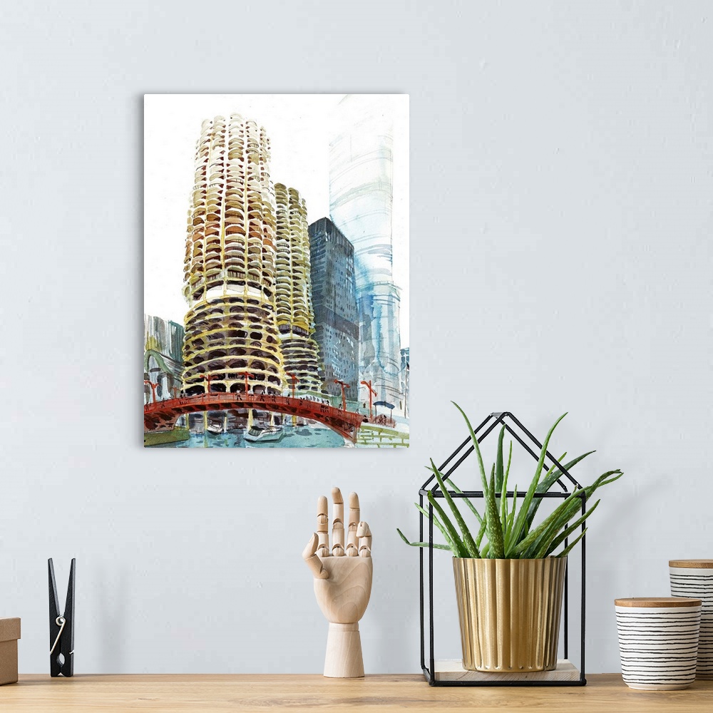 A bohemian room featuring Watercolor illustration of my favorite high rises in Chicago, the Marina Towers, which are in gre...