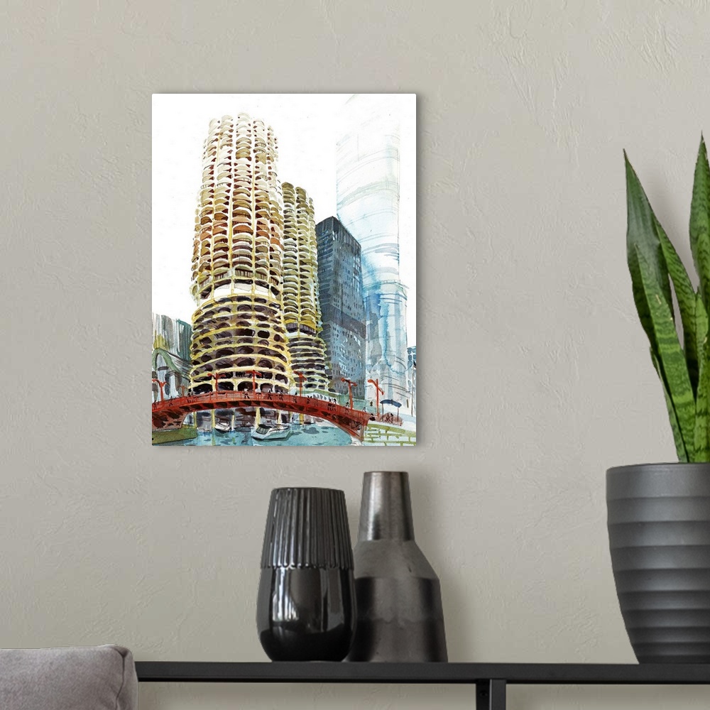 A modern room featuring Watercolor illustration of my favorite high rises in Chicago, the Marina Towers, which are in gre...