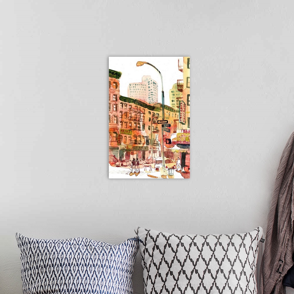 A bohemian room featuring Watercolor illustration of an intersection in NYC's Chinatown (Allen St and Canal) on a hot hot h...
