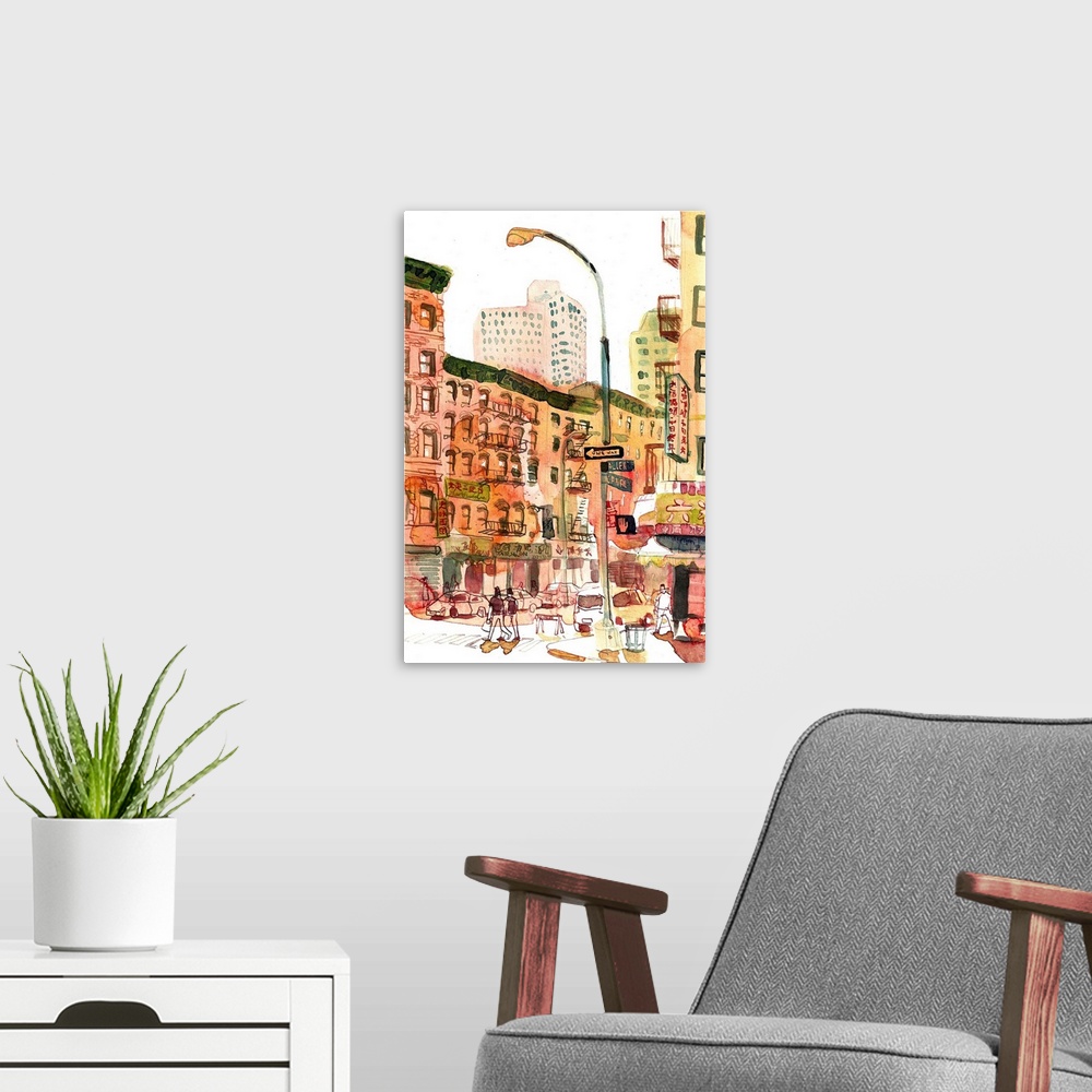 A modern room featuring Watercolor illustration of an intersection in NYC's Chinatown (Allen St and Canal) on a hot hot h...