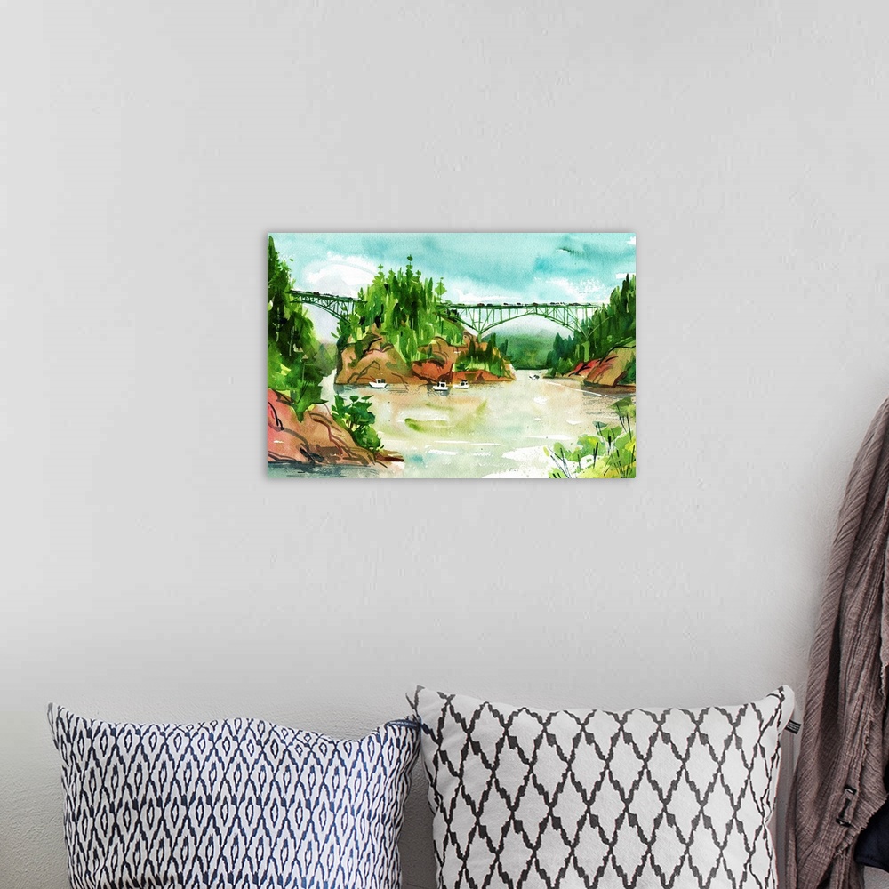A bohemian room featuring Watercolor interpretation of the famous bridge over Deception Pass in Washington State, crossing ...