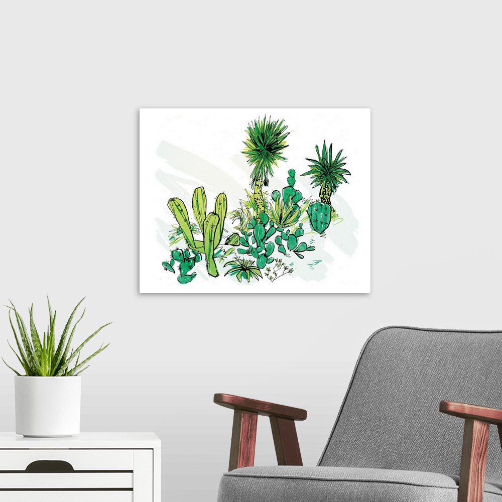 A modern room featuring Drawing with digital color of a collection of plants I encountered in the Brooklyn Botanical Gard...