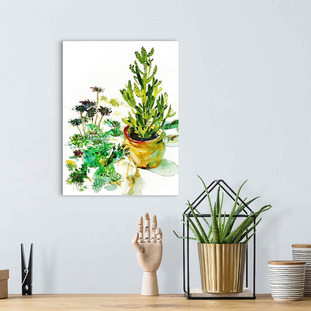 A bohemian room featuring Loose watercolor study of a collection of succulents and a large potted cactus. Seen in the Volun...