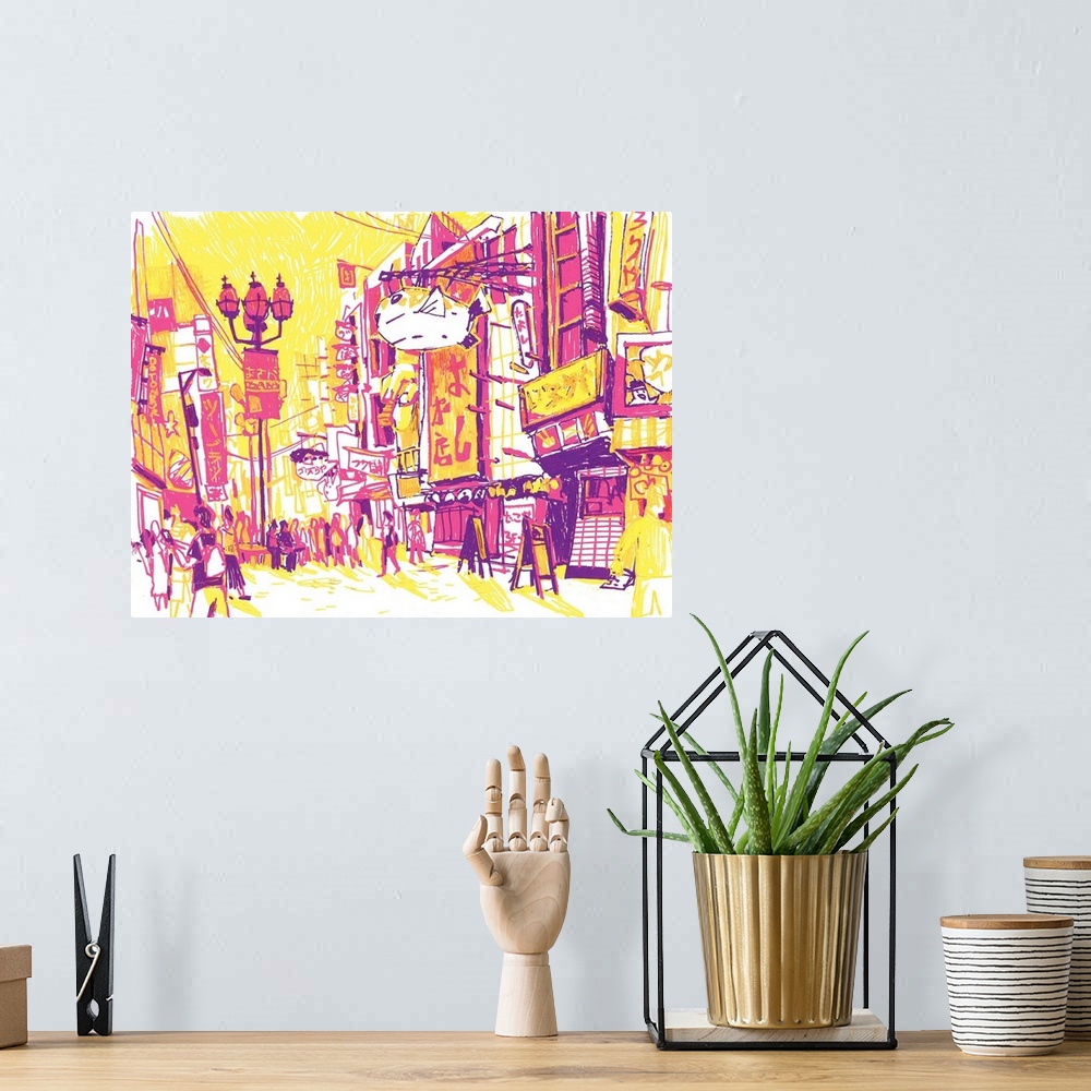 A bohemian room featuring acrylic marker painting of the lively neighborhood of Dotonburi in Osaka. One of the things I def...
