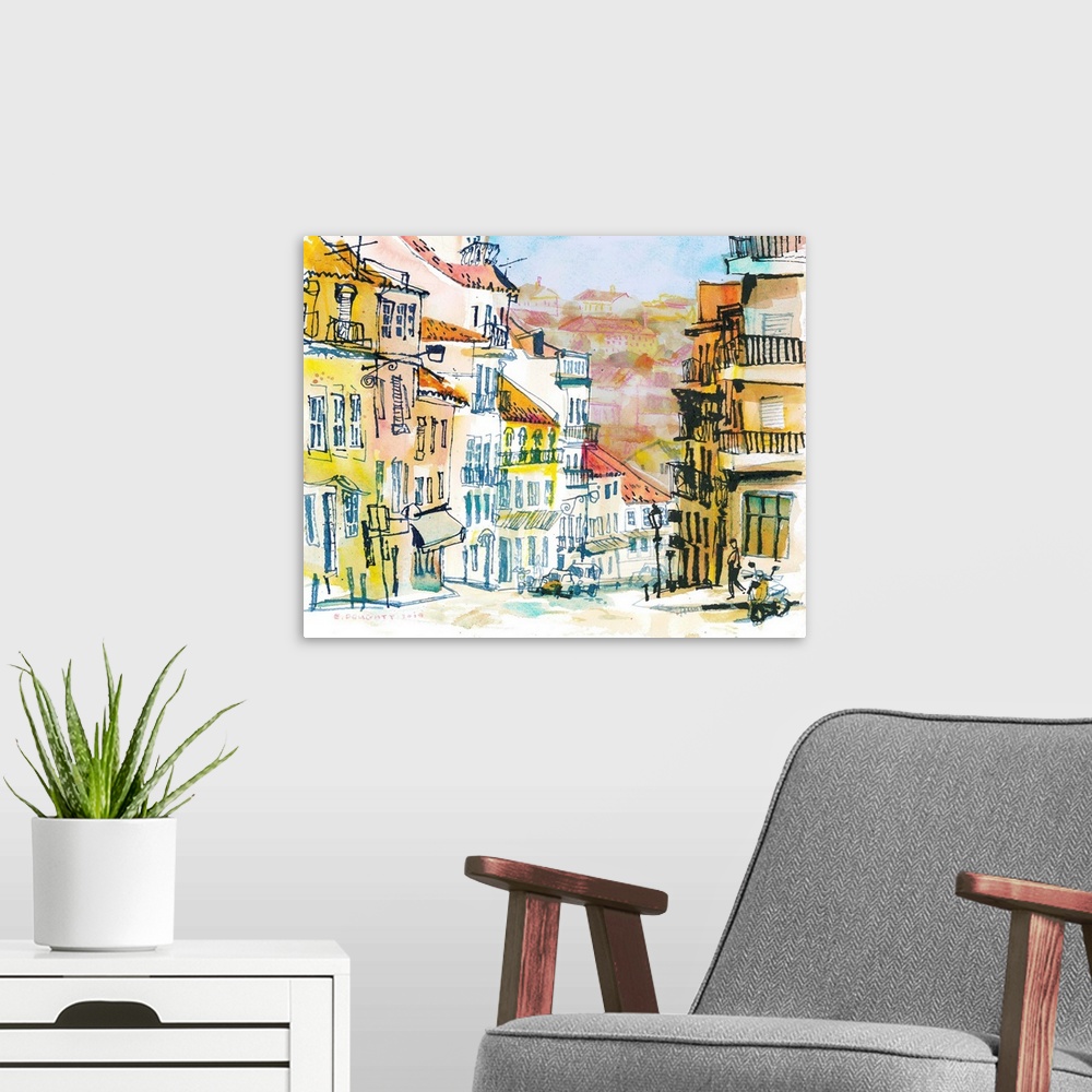 A modern room featuring A typical city view in the Portuguese capitol, Lisbon. White & yellow faades and terracotta rooft...