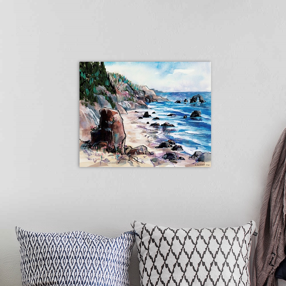 A bohemian room featuring Seaside painting of Ecola State Park in northwestern Oregon. The summer scene features rock forma...