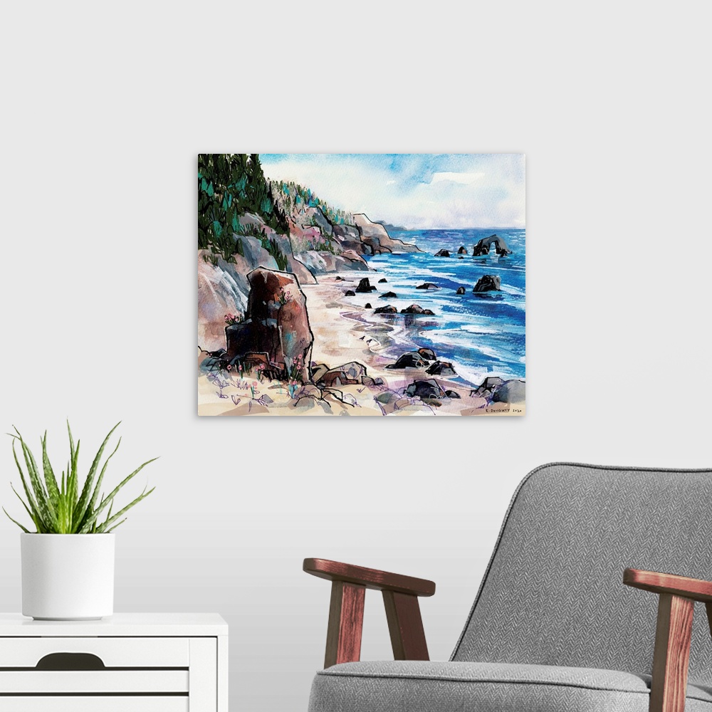 A modern room featuring Seaside painting of Ecola State Park in northwestern Oregon. The summer scene features rock forma...