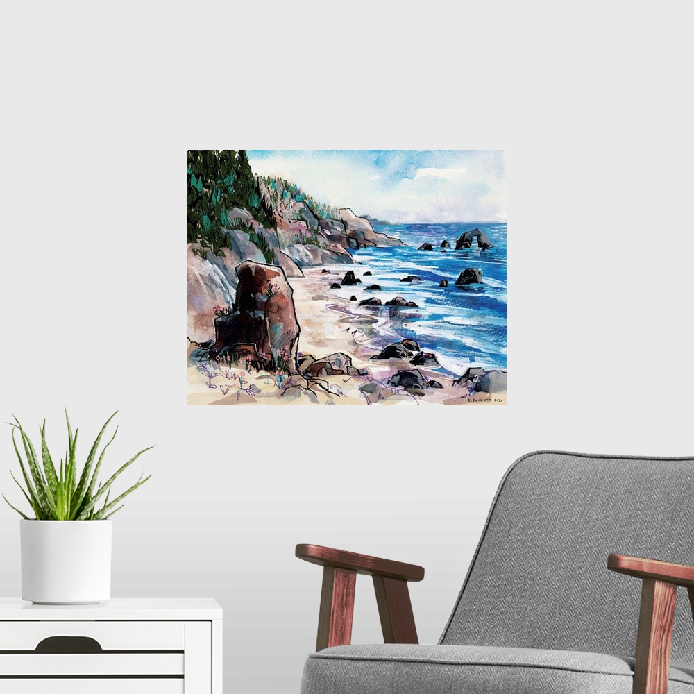 A modern room featuring Seaside painting of Ecola State Park in northwestern Oregon. The summer scene features rock forma...