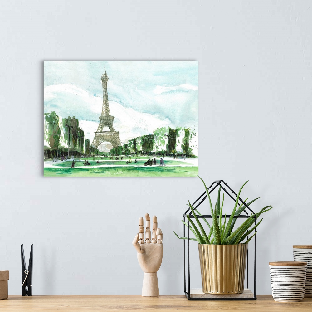 A bohemian room featuring Watercolor painting of the scenery around the famous Eiffel Tower in Paris. The artist was struck...