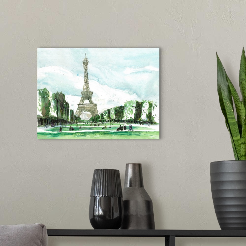 A modern room featuring Watercolor painting of the scenery around the famous Eiffel Tower in Paris. The artist was struck...