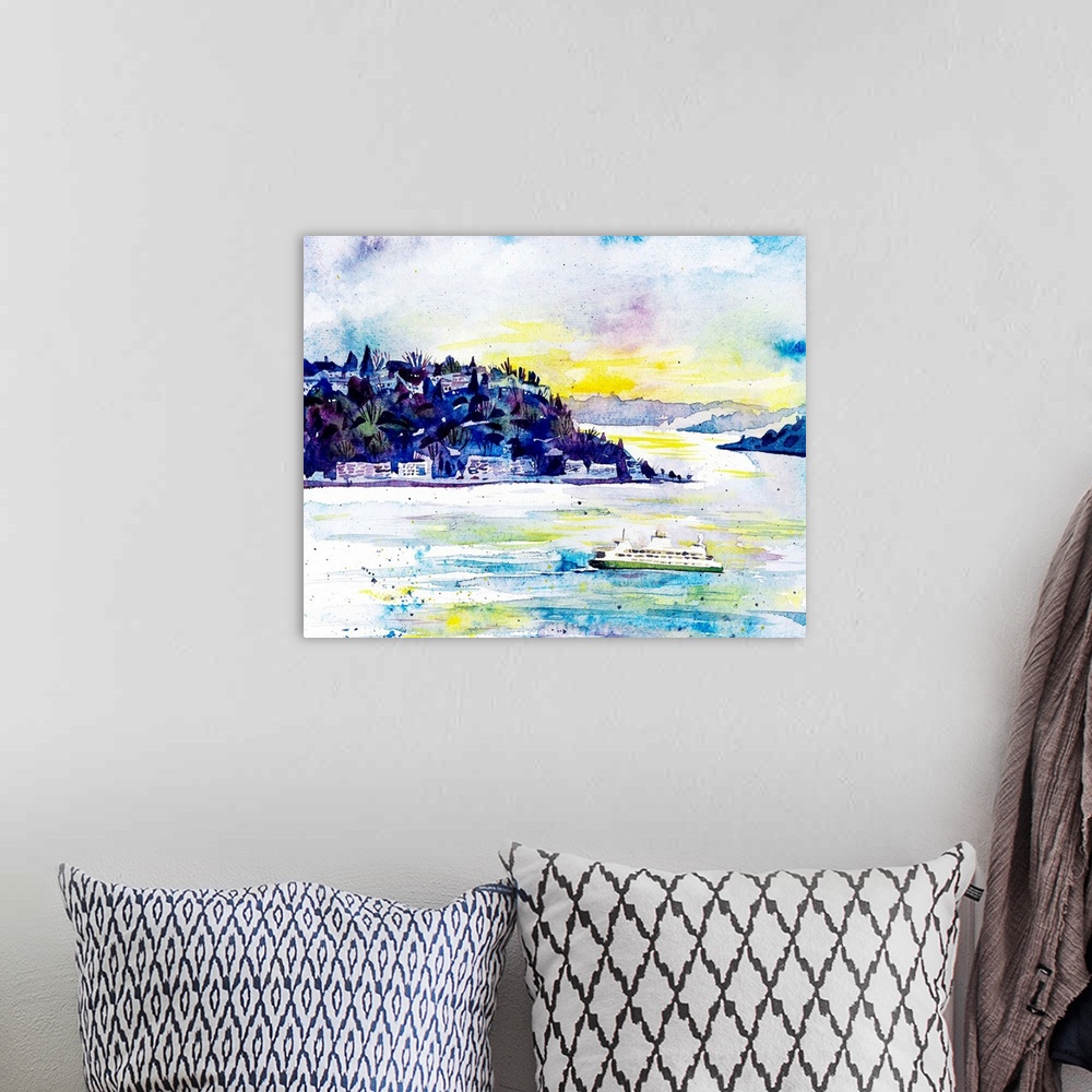 A bohemian room featuring Evening watercolor painting of the ferry crossing the bay from Seattle to Bainbridge Island or Br...