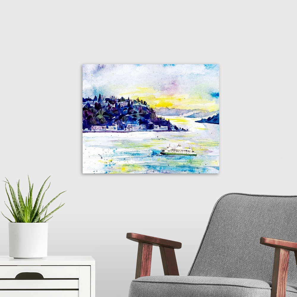 A modern room featuring Evening watercolor painting of the ferry crossing the bay from Seattle to Bainbridge Island or Br...