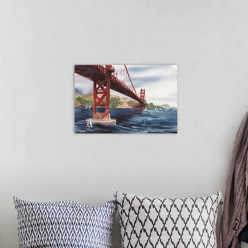 A bohemian room featuring Sailboats glide along cobalt waters beneath the iconic Golden Gate Bridge in San Francisco.