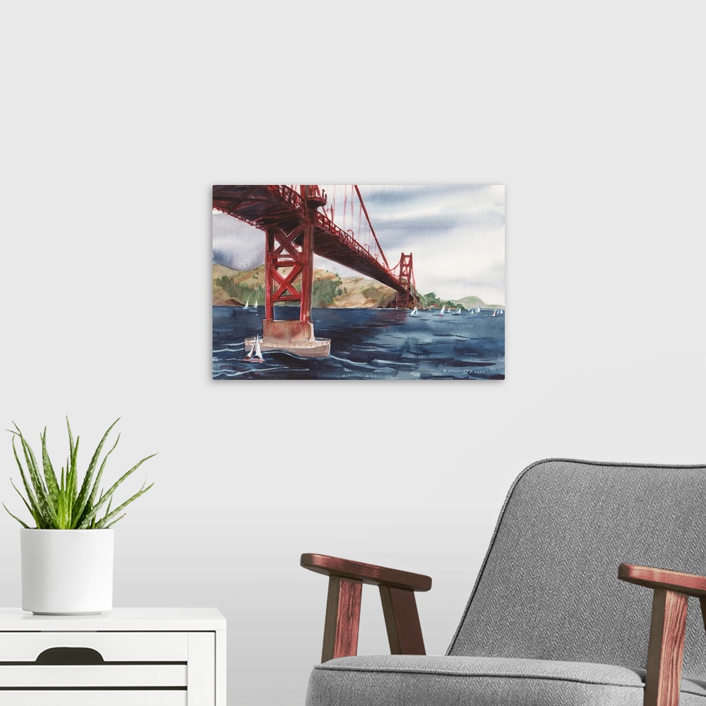 A modern room featuring Sailboats glide along cobalt waters beneath the iconic Golden Gate Bridge in San Francisco.