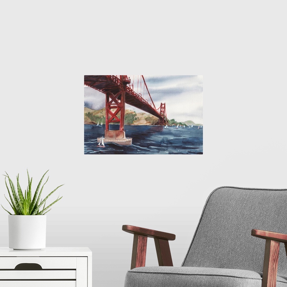 A modern room featuring Sailboats glide along cobalt waters beneath the iconic Golden Gate Bridge in San Francisco.