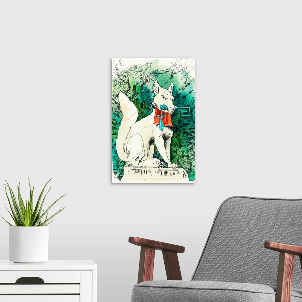 A modern room featuring Watercolor and ink illustration of one of the many fox statues on the grounds of the world-famous...