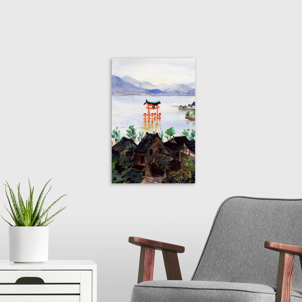 A modern room featuring Watercolor and acrylic painting of one of the most famous scenes of Japan, the magnificent vermil...
