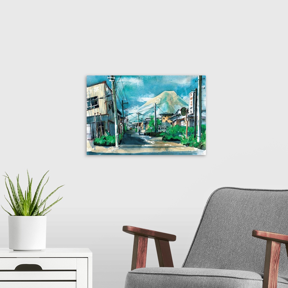 A modern room featuring Mt. Fuji shows her famous peak, seen from a quaint area of the town of Kawaguchiko. This scene wa...