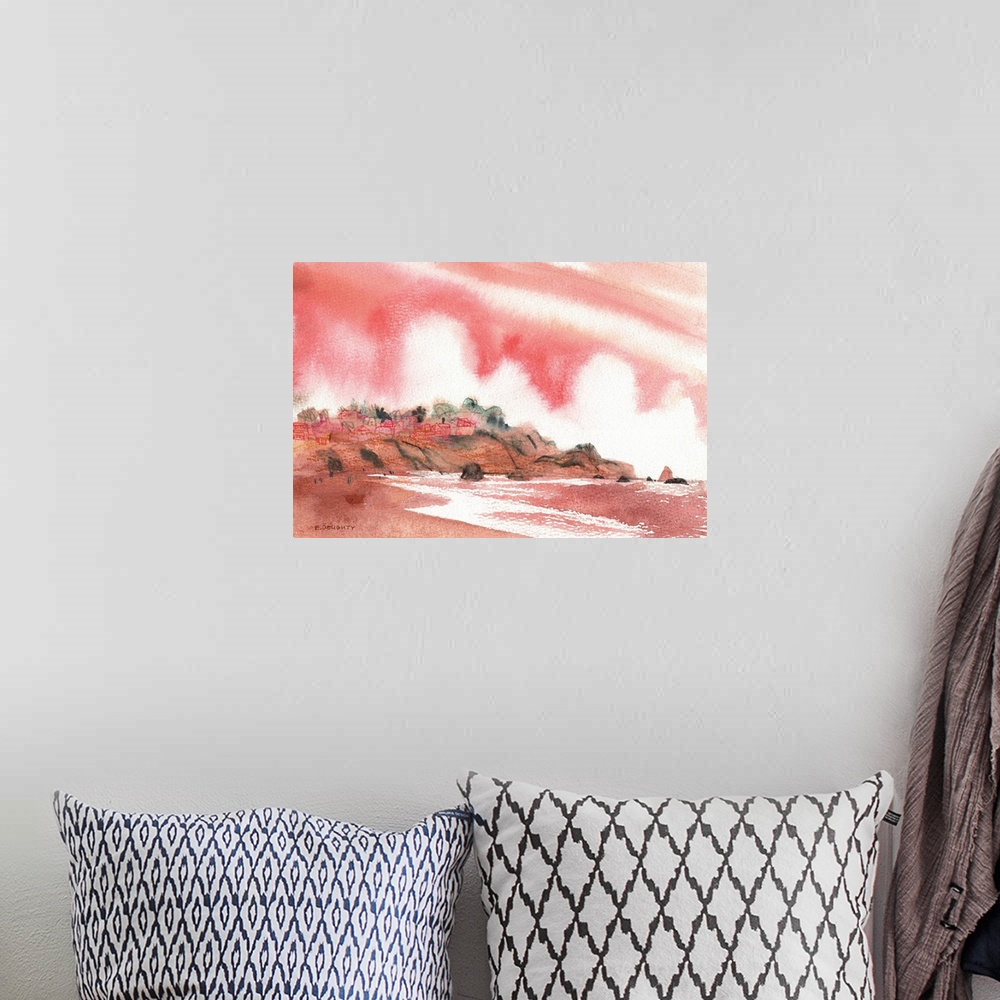 A bohemian room featuring A pink sky overtakes the foggy skyline at the rocky shore of Land's End in San Francisco.