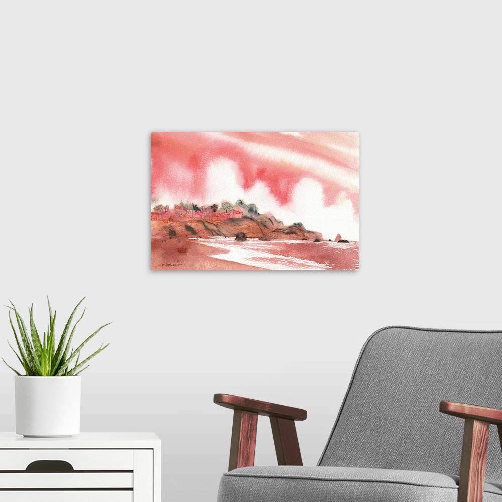A modern room featuring A pink sky overtakes the foggy skyline at the rocky shore of Land's End in San Francisco.
