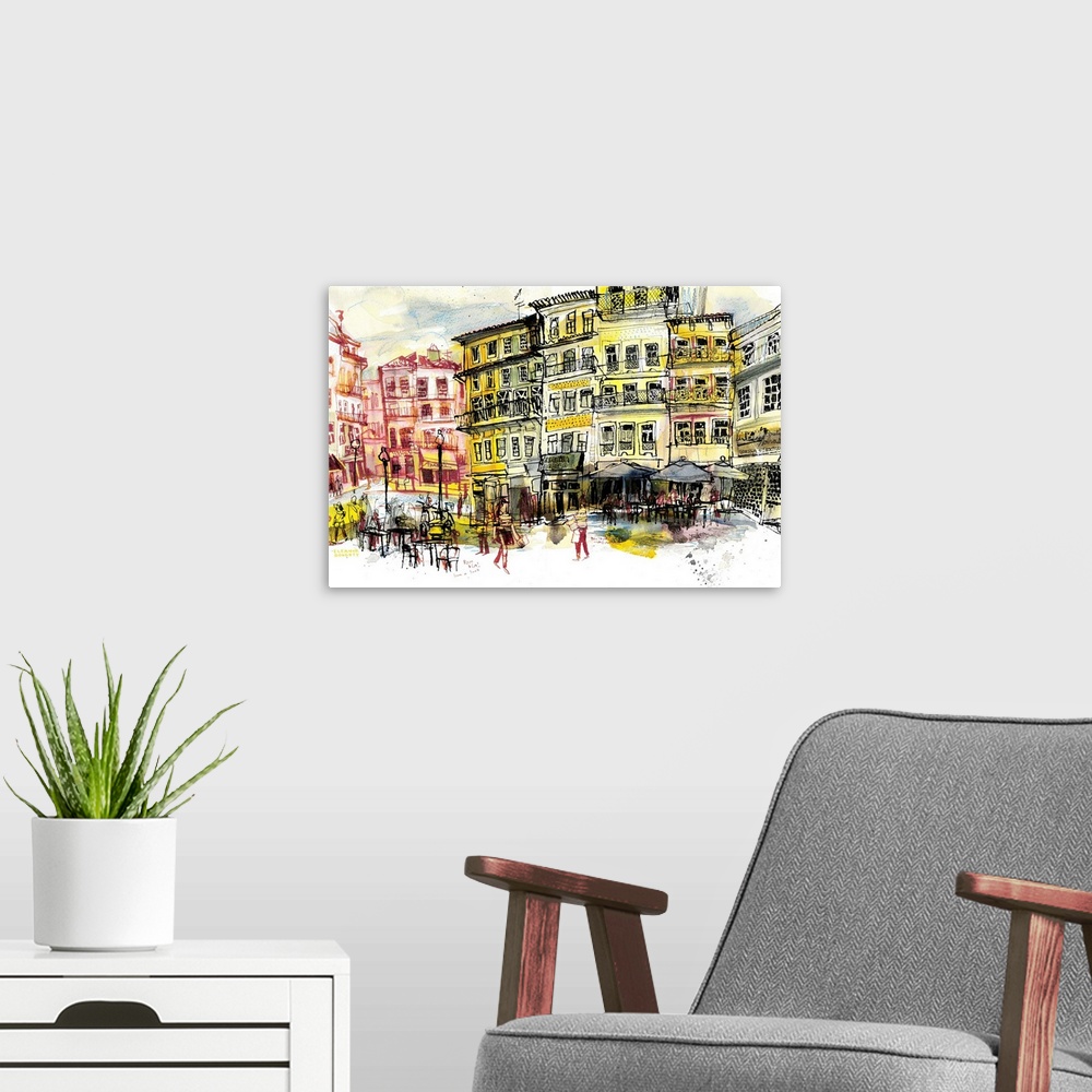 A modern room featuring Classic streetlife view in Porto, of a bustling city square full of restaurants, shops, and open-...