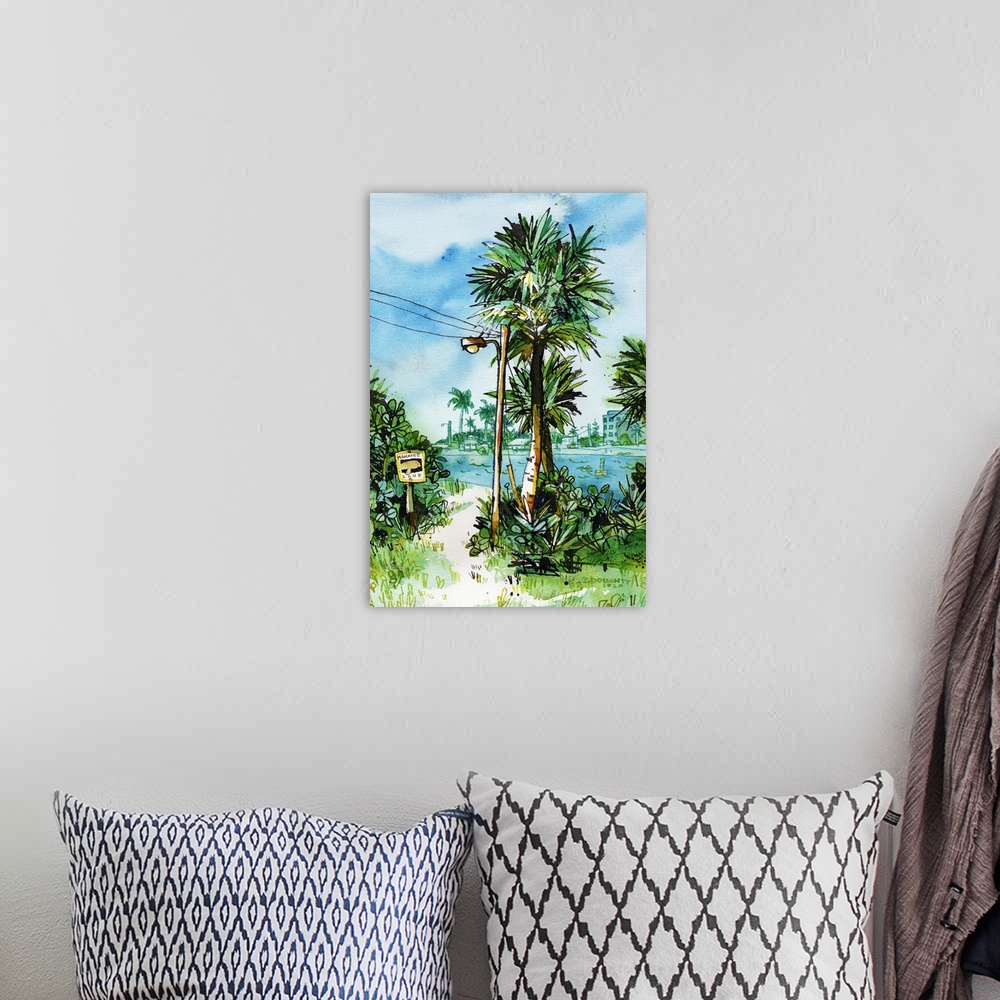 A bohemian room featuring A typical Floridian scene by Fort Pierce, north of Miami. Tropical plants frame a view of the inl...
