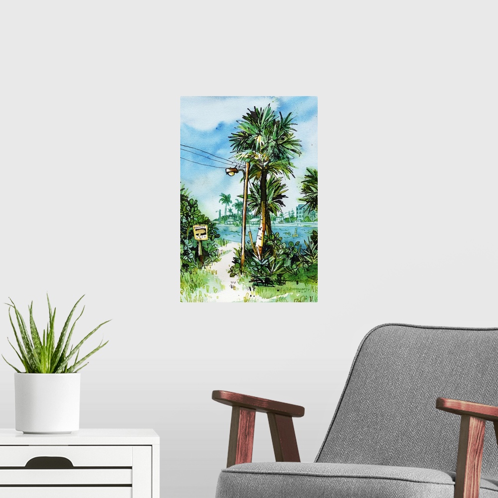 A modern room featuring A typical Floridian scene by Fort Pierce, north of Miami. Tropical plants frame a view of the inl...