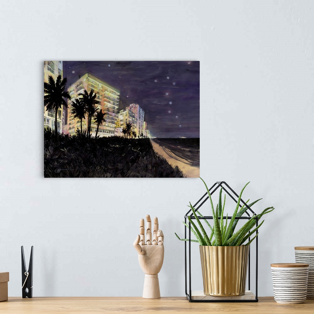 A bohemian room featuring Middle Beach, Miami at night. All the lights are on but is anybody home? Originally painted in wa...