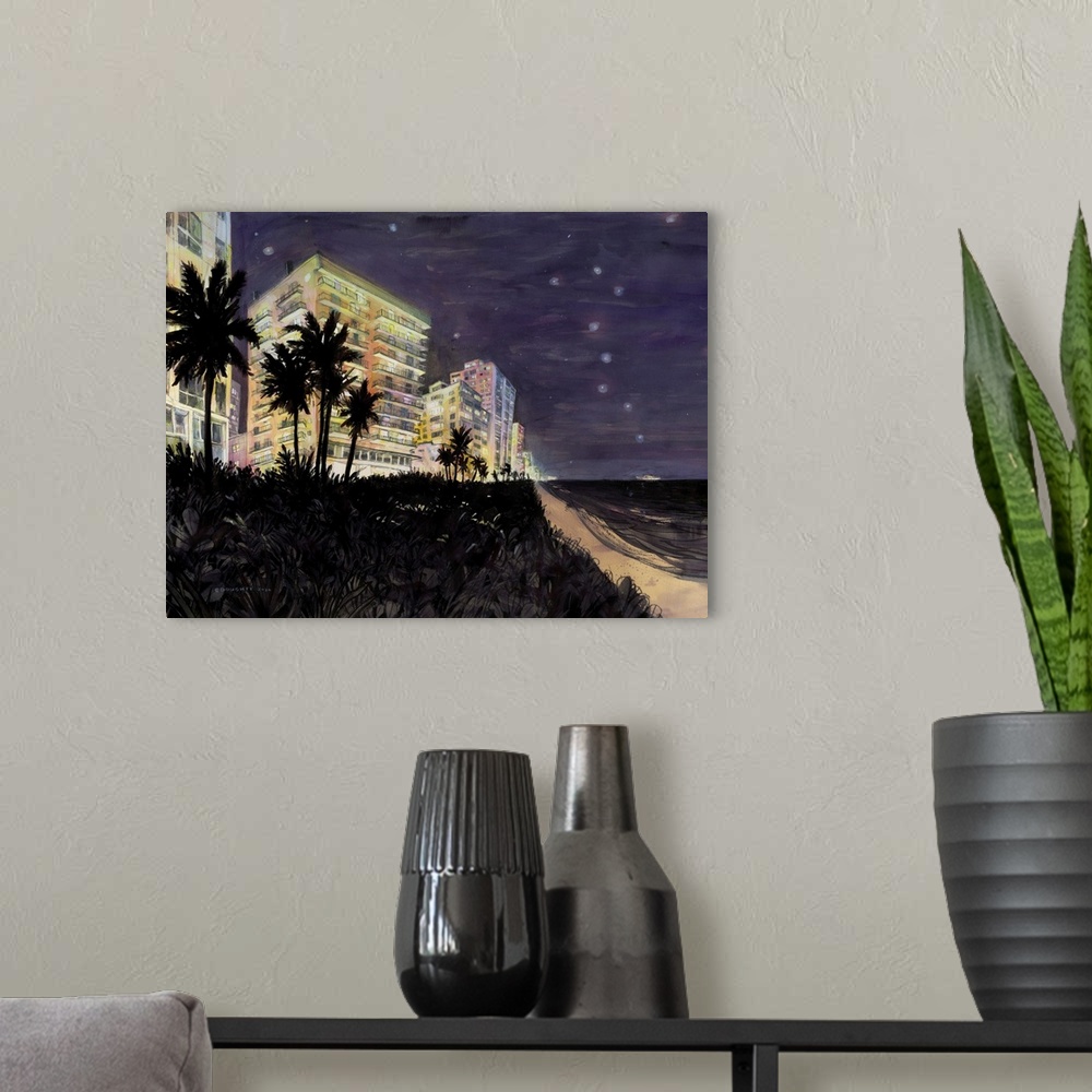A modern room featuring Middle Beach, Miami at night. All the lights are on but is anybody home? Originally painted in wa...