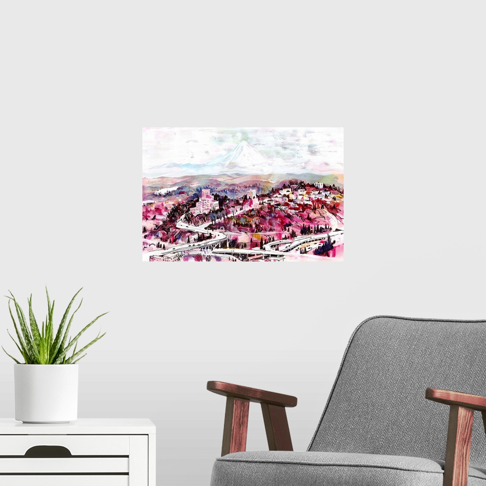 A modern room featuring Mixed media illustration I made from the 40th floor of a downtown skyscraper, looking south from ...