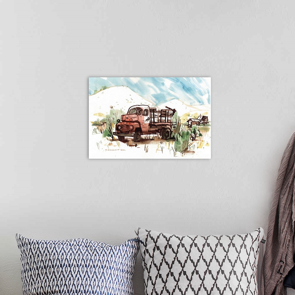 A bohemian room featuring In a lot of places in the U.S., you see rusty old pickup trucks sitting in the landscape. I sketc...