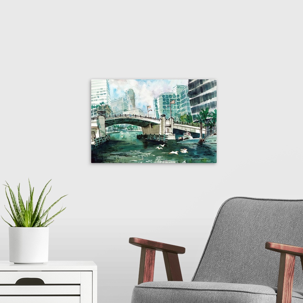 A modern room featuring One of the many bridges spanning the Miami River in the dense downtown area. Seagulls fly around ...