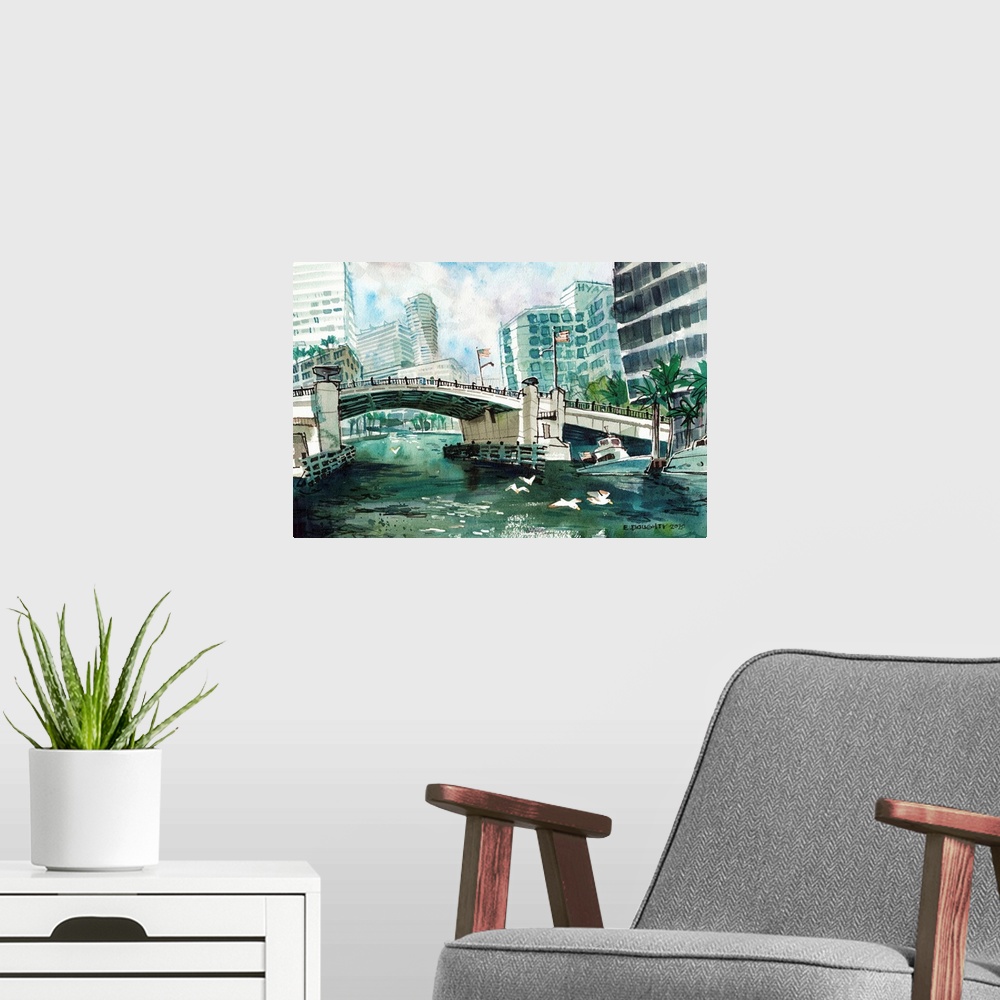 A modern room featuring One of the many bridges spanning the Miami River in the dense downtown area. Seagulls fly around ...