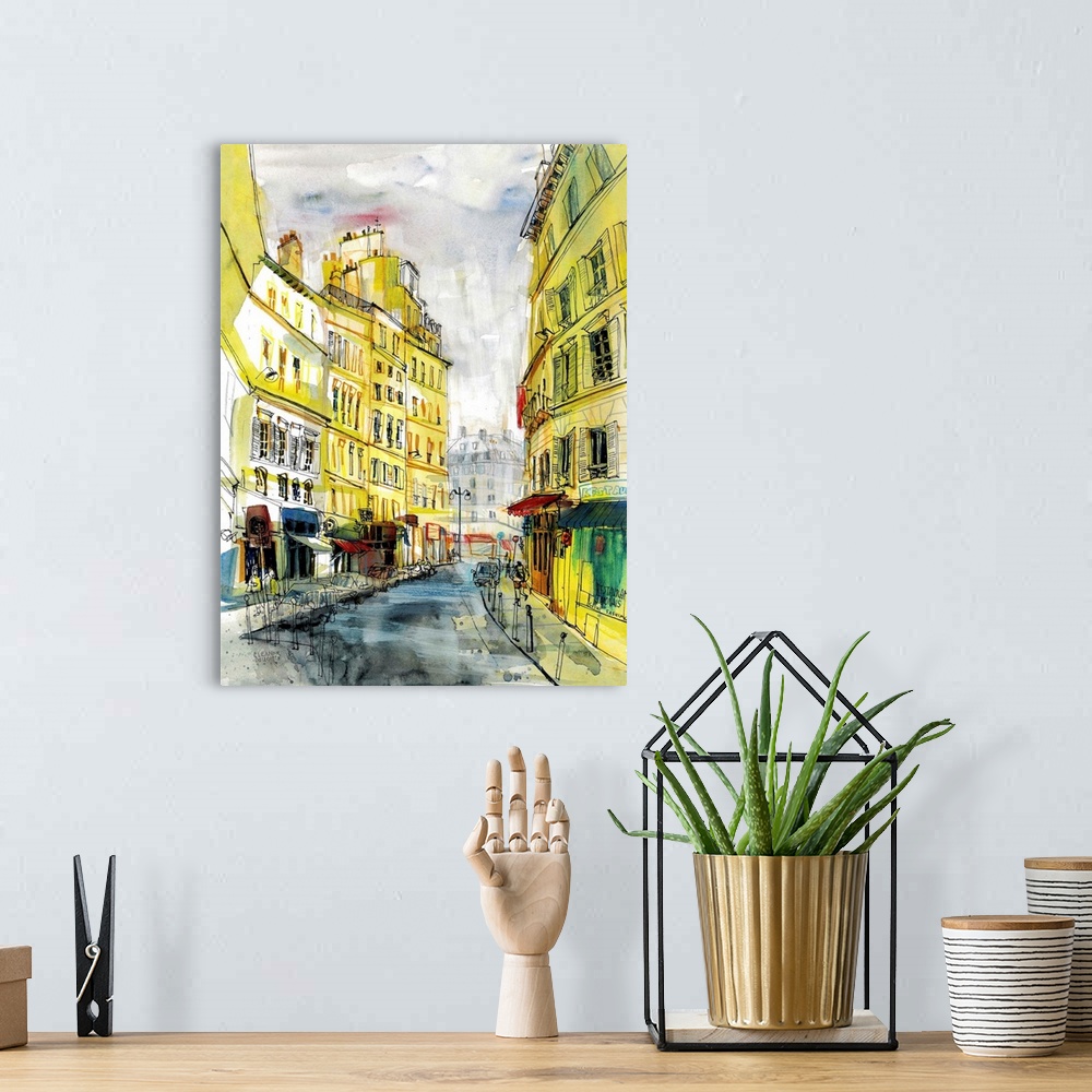 A bohemian room featuring A typical Parisian street of tall, elegant buildings painted in delicate shades of yellow and cre...