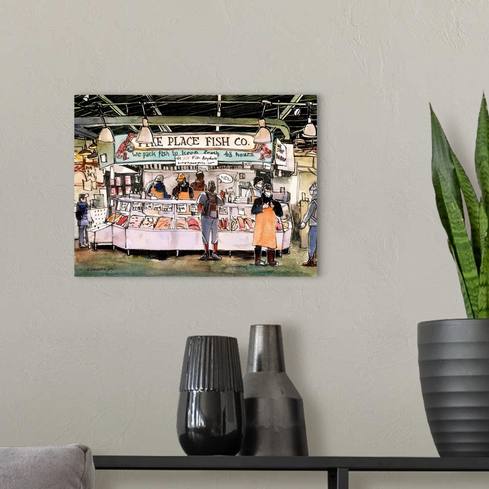 A modern room featuring The famous fish throwers of Pike Place Market! On a not-so-busy day, the artist visited the marke...