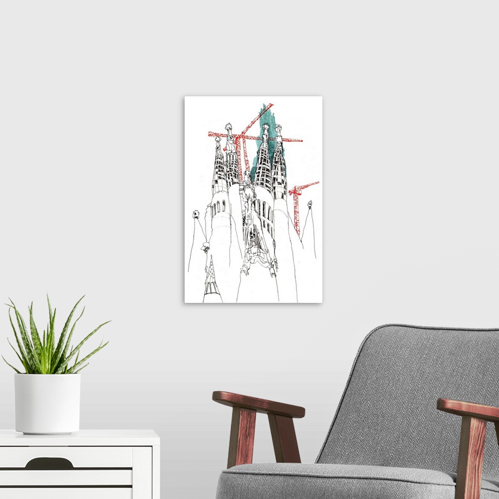A modern room featuring Drawing I made at the foot of the famously under construction cathedral by Gaudi. I used a minima...
