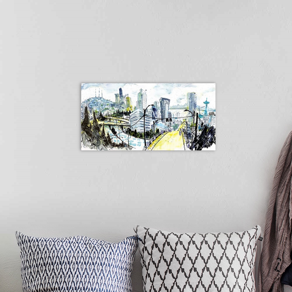A bohemian room featuring An interpretation of the skyline of Seattle, seen from east of downtown in Capitol Hill, from the...