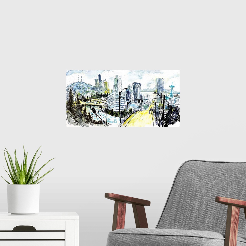 A modern room featuring An interpretation of the skyline of Seattle, seen from east of downtown in Capitol Hill, from the...