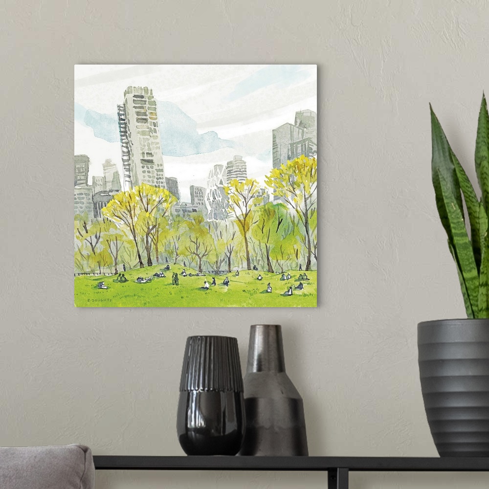 A modern room featuring A spring day well spent sitting in the picturesque lawns of Sheep Meadow in Central Park, paintin...