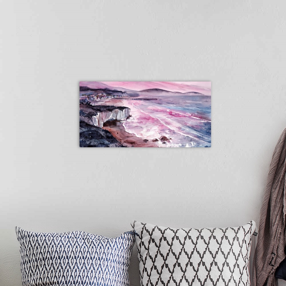 A bohemian room featuring Watercolor artwork of Shell Beach at sunset. It's a place just south of San Luis Obispo town prop...