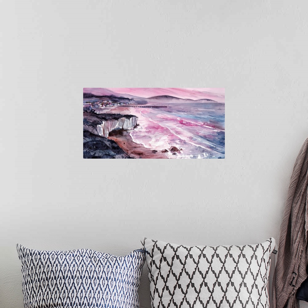 A bohemian room featuring Watercolor artwork of Shell Beach at sunset. It's a place just south of San Luis Obispo town prop...
