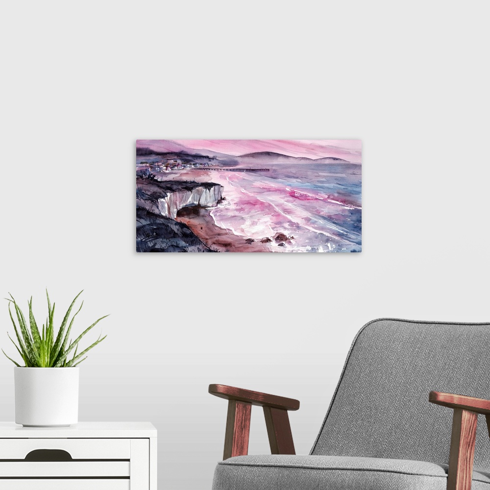 A modern room featuring Watercolor artwork of Shell Beach at sunset. It's a place just south of San Luis Obispo town prop...